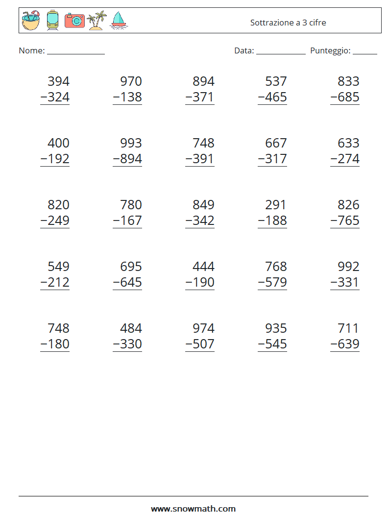 (25) Sottrazione a 3 cifre Fogli di lavoro di matematica 17