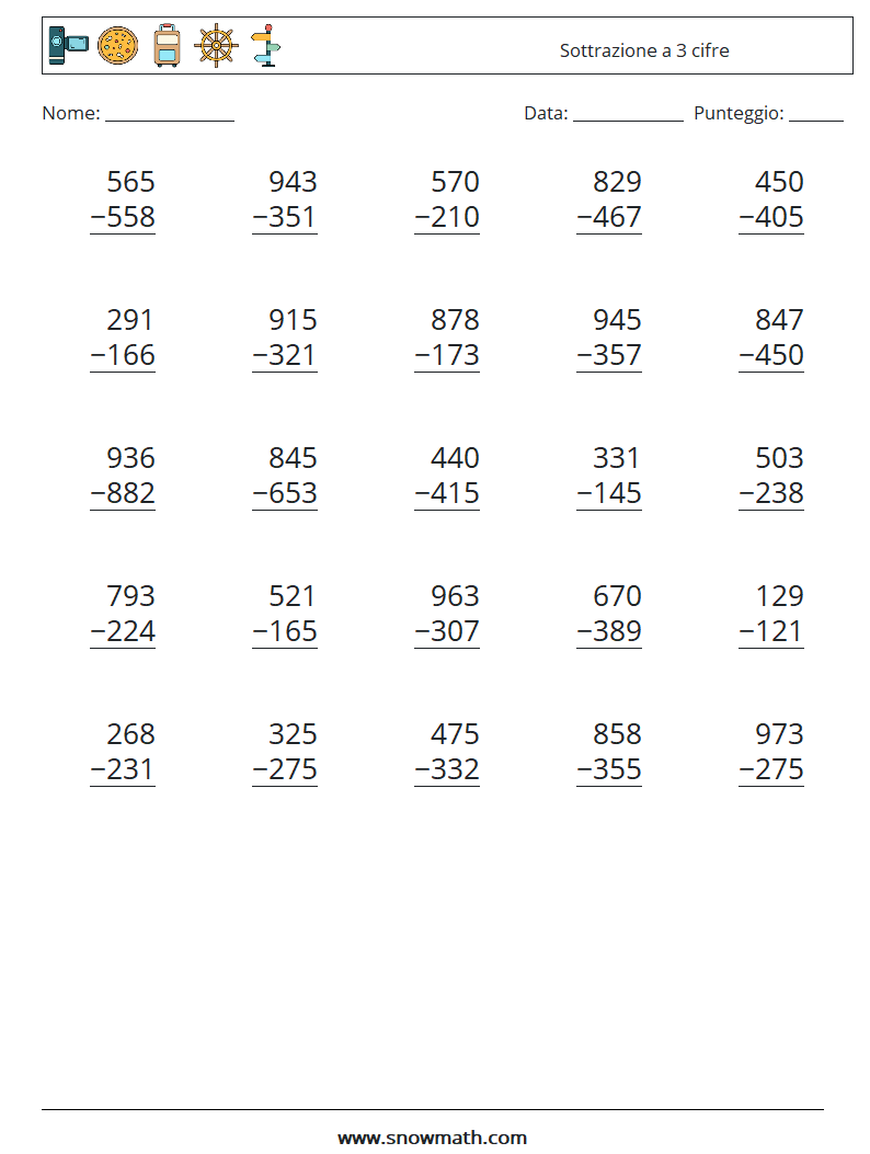 (25) Sottrazione a 3 cifre Fogli di lavoro di matematica 18