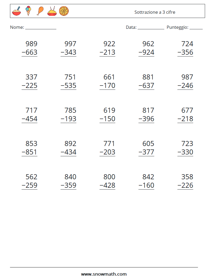(25) Sottrazione a 3 cifre Fogli di lavoro di matematica 3