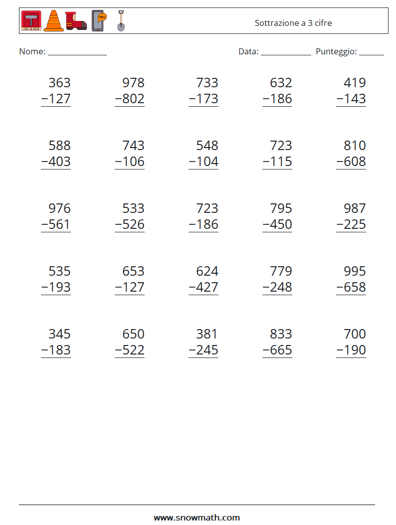 (25) Sottrazione a 3 cifre Fogli di lavoro di matematica 4