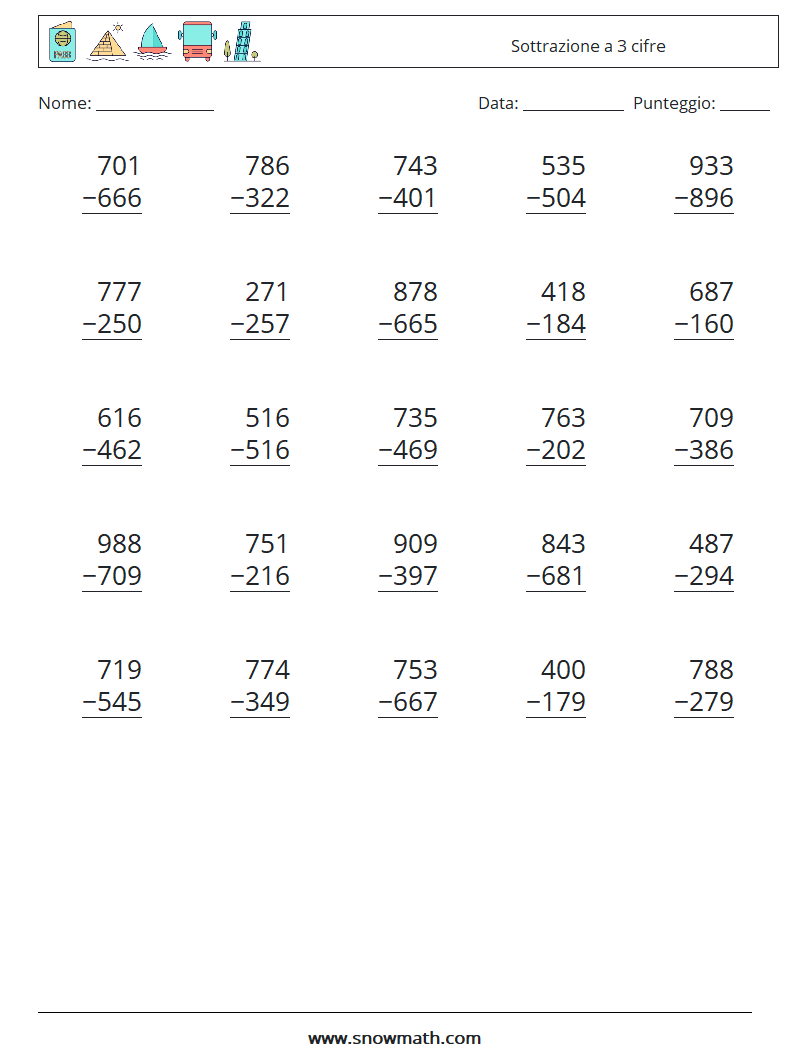 (25) Sottrazione a 3 cifre Fogli di lavoro di matematica 5