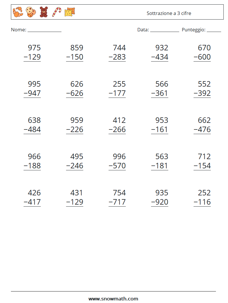 (25) Sottrazione a 3 cifre Fogli di lavoro di matematica 6