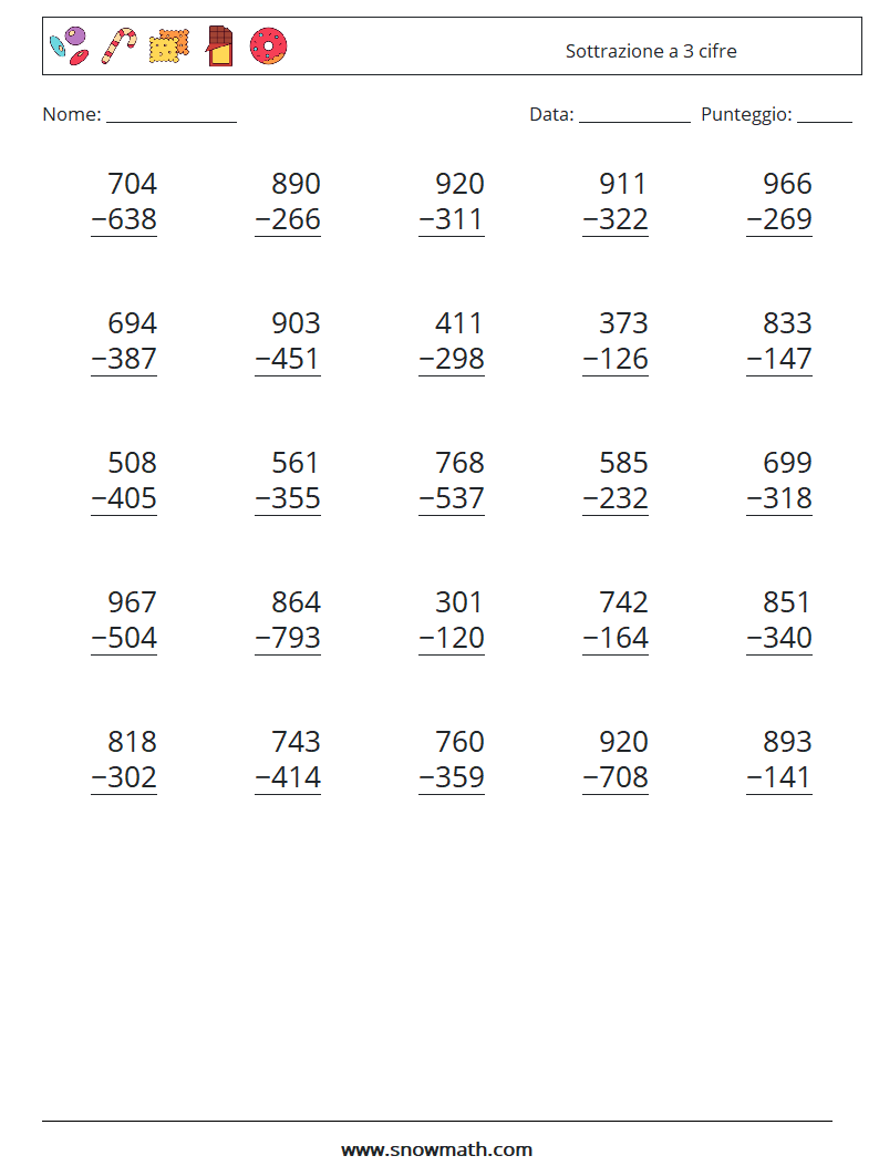 (25) Sottrazione a 3 cifre Fogli di lavoro di matematica 7