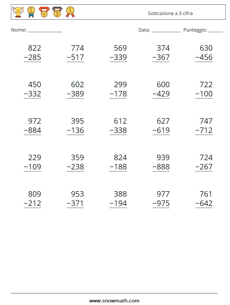 (25) Sottrazione a 3 cifre Fogli di lavoro di matematica 8