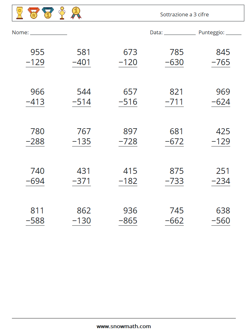 (25) Sottrazione a 3 cifre Fogli di lavoro di matematica 9