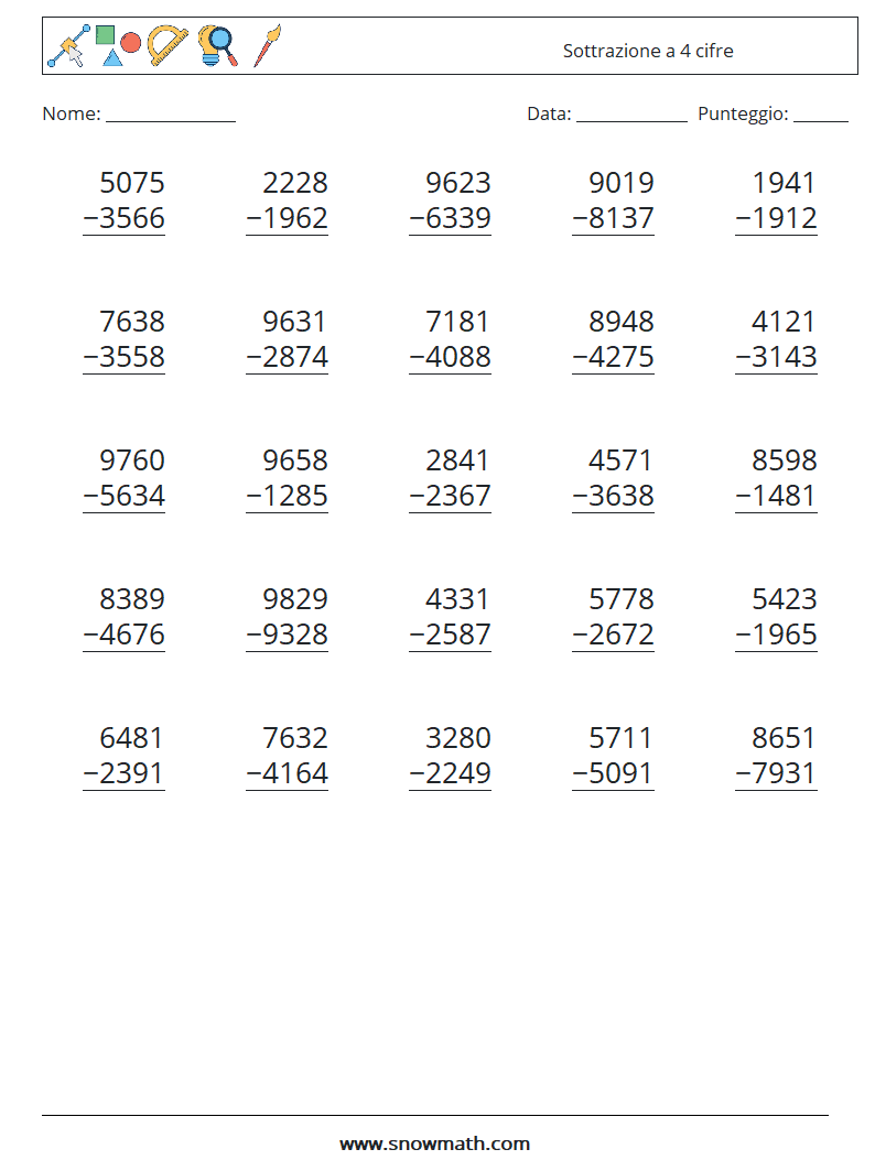 (25) Sottrazione a 4 cifre Fogli di lavoro di matematica 16