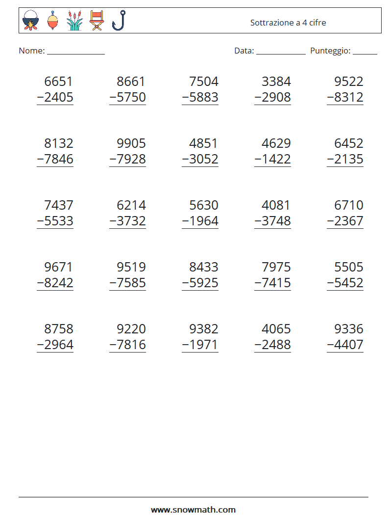(25) Sottrazione a 4 cifre Fogli di lavoro di matematica 6