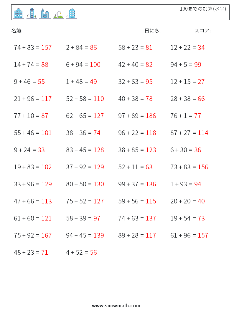 (50) 100までの加算(水平) 数学ワークシート 4 質問、回答