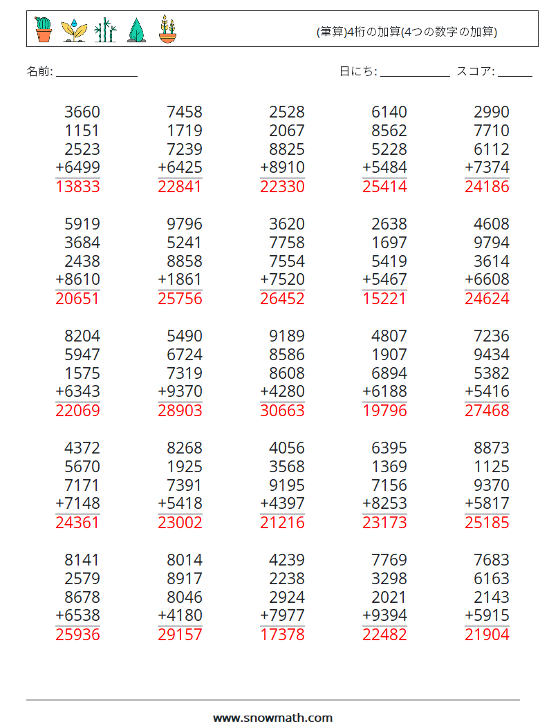 (25) (筆算)4桁の加算(4つの数字の加算) 数学ワークシート 13 質問、回答