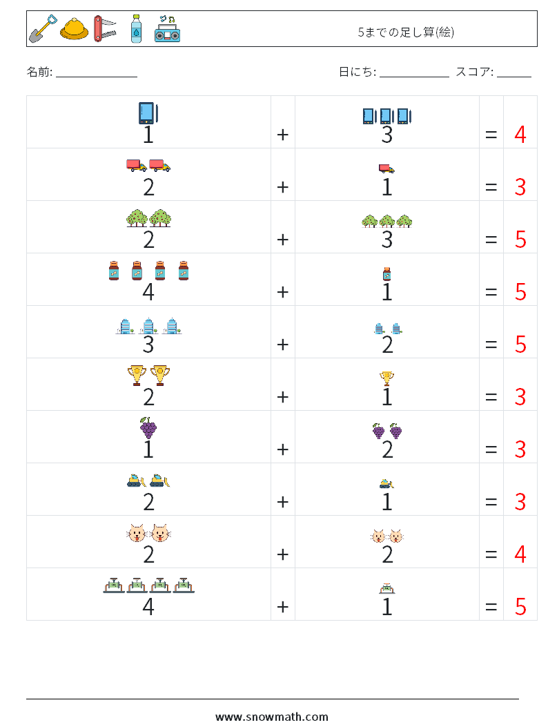 5までの足し算(絵) 数学ワークシート 12 質問、回答