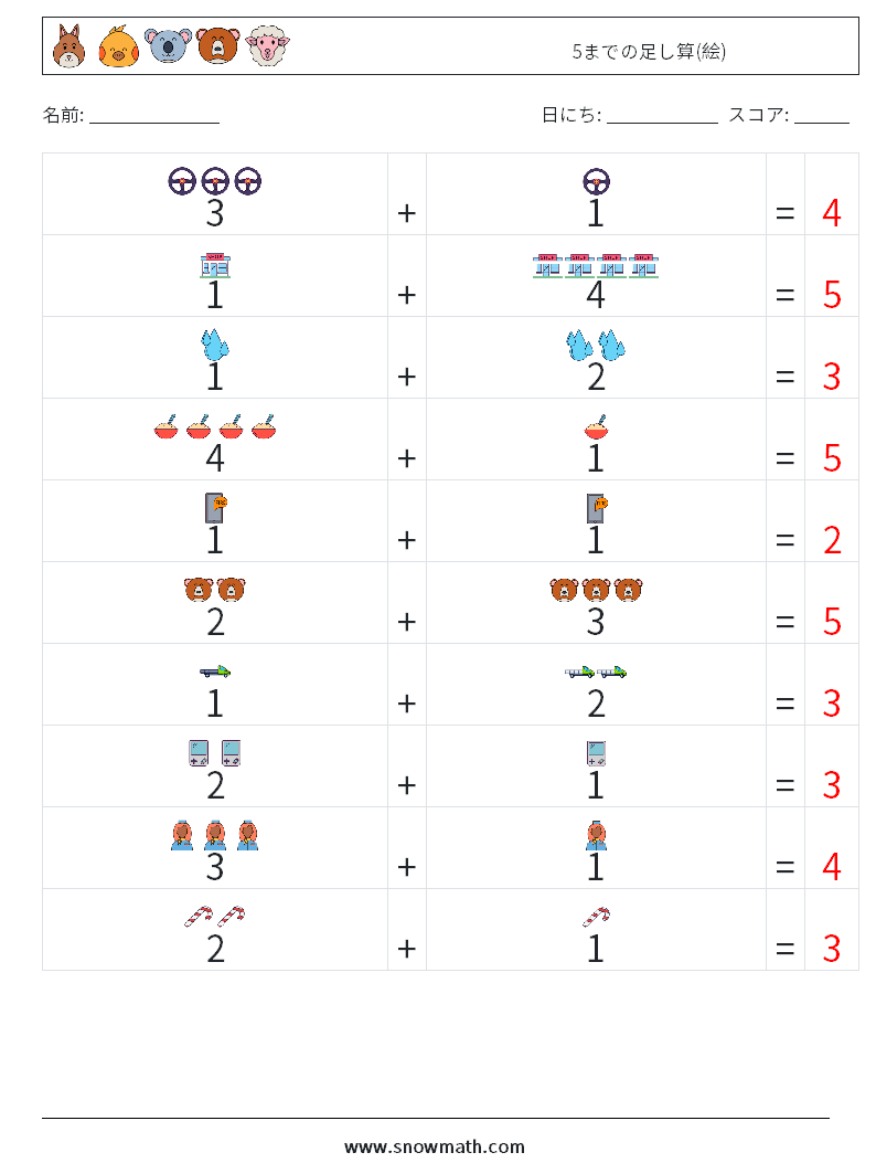 5までの足し算(絵) 数学ワークシート 13 質問、回答