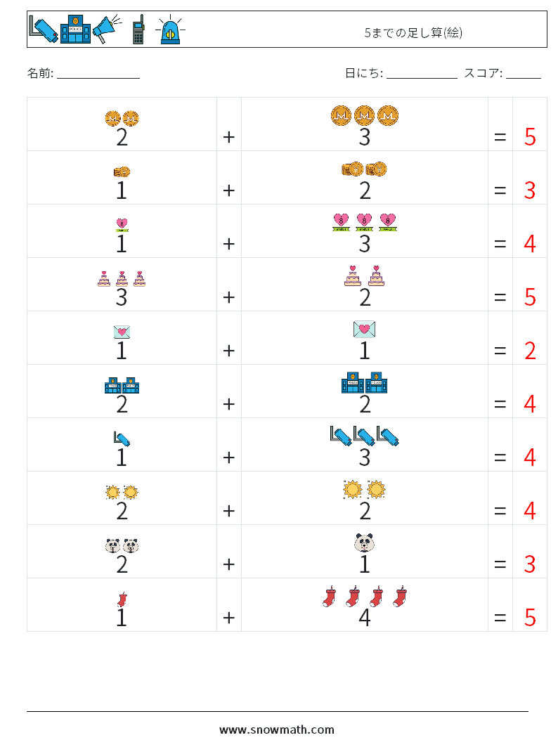 5までの足し算(絵) 数学ワークシート 14 質問、回答