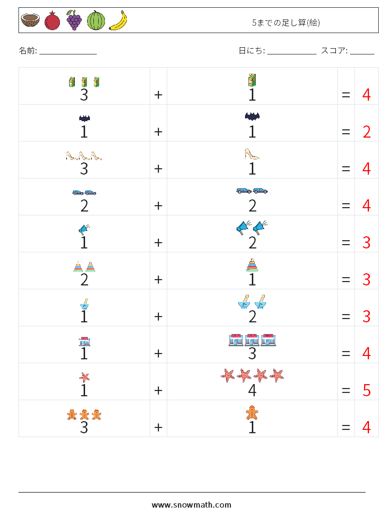 5までの足し算(絵) 数学ワークシート 15 質問、回答