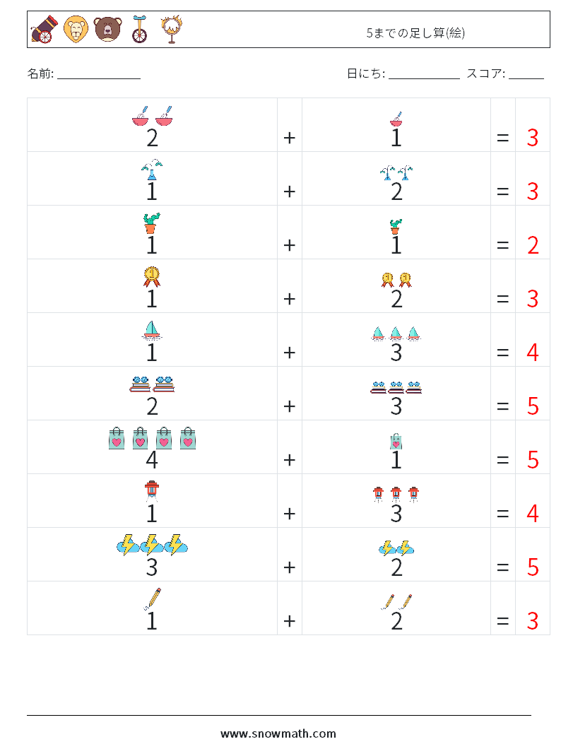5までの足し算(絵) 数学ワークシート 16 質問、回答