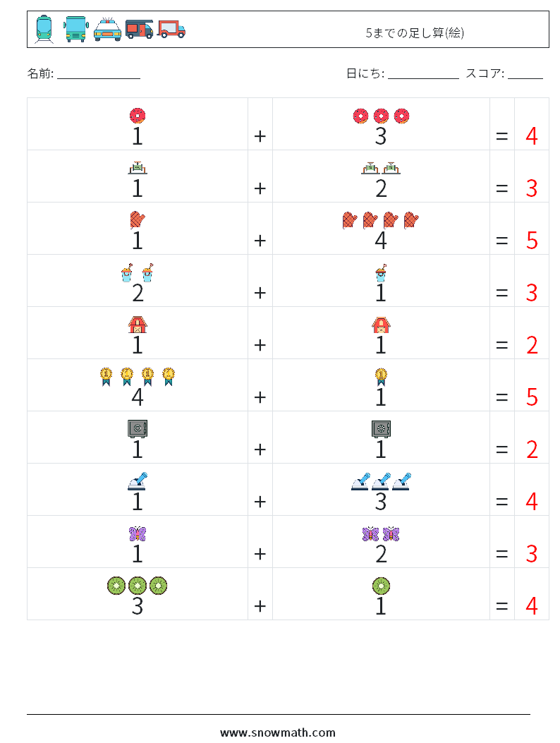 5までの足し算(絵) 数学ワークシート 17 質問、回答