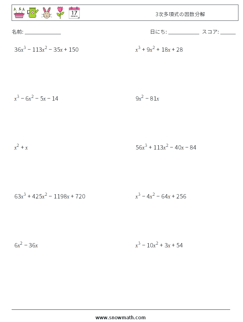 3次多項式の因数分解 数学ワークシート 8