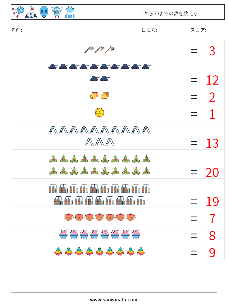 1から20までの数を数える 数学ワークシート 11 質問、回答