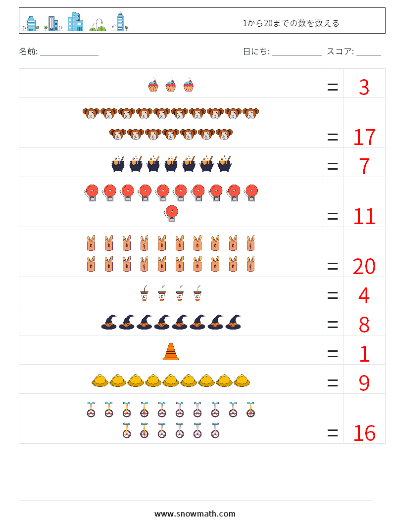 1から20までの数を数える 数学ワークシート 15 質問、回答