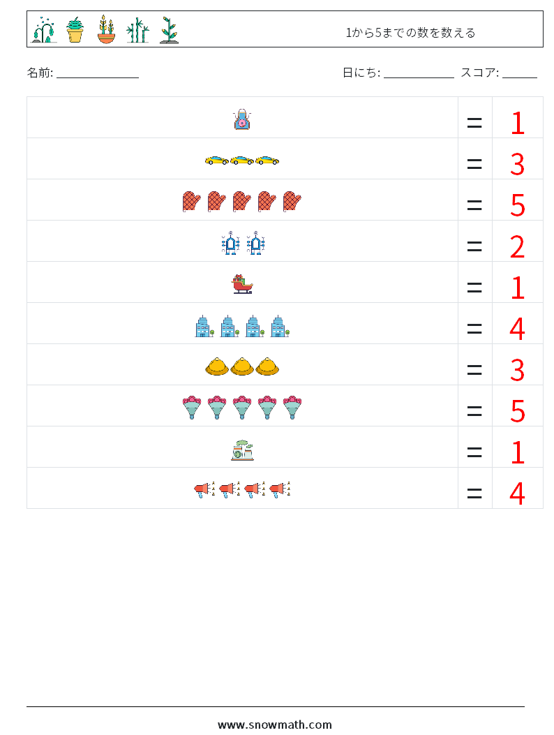 1から5までの数を数える 数学ワークシート 12 質問、回答