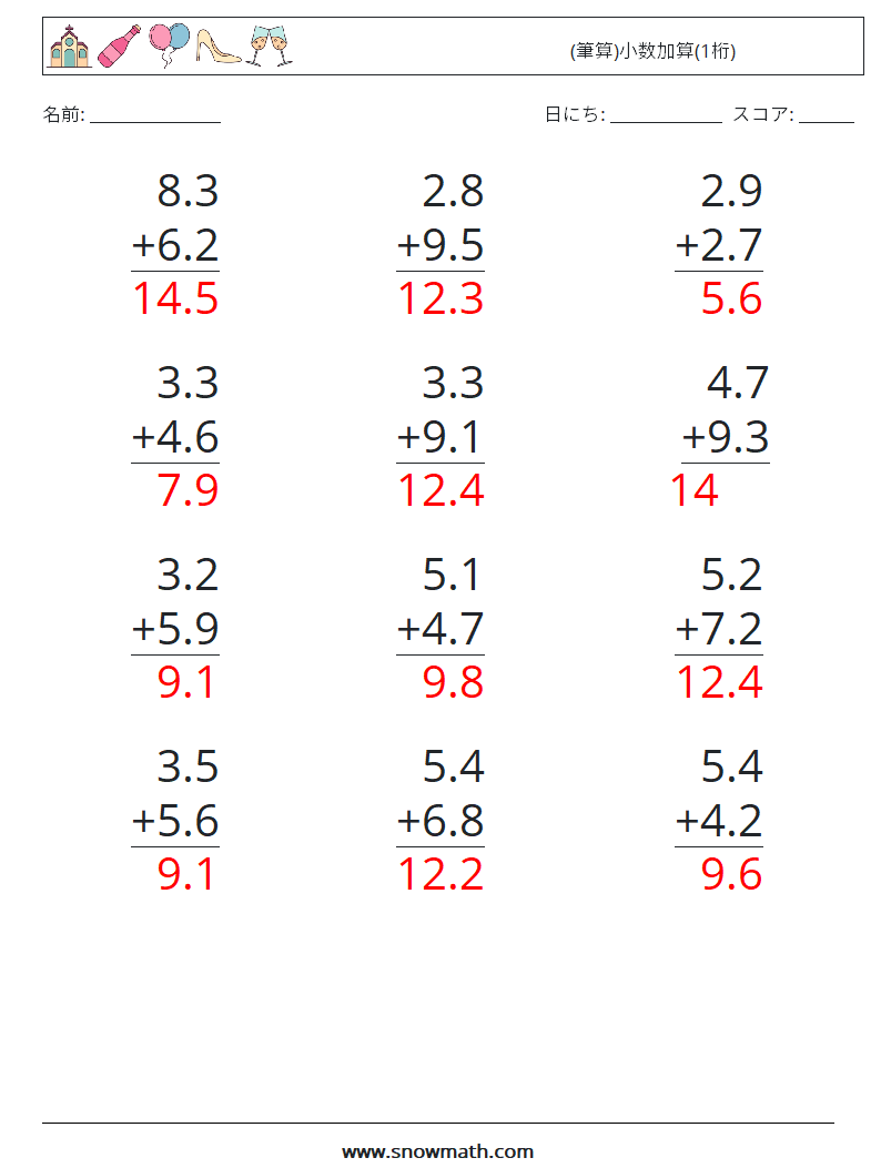 (12) (筆算)小数加算(1桁) 数学ワークシート 12 質問、回答