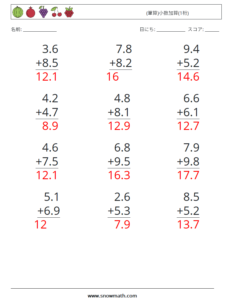 (12) (筆算)小数加算(1桁) 数学ワークシート 14 質問、回答