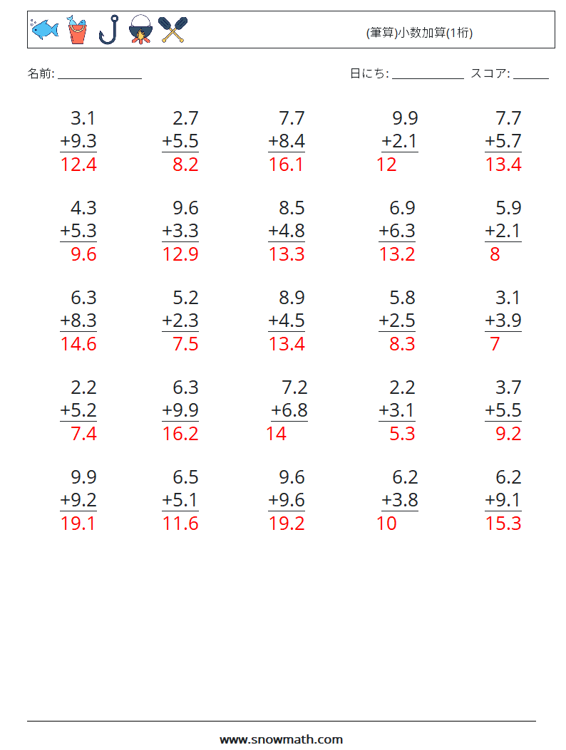(25) (筆算)小数加算(1桁) 数学ワークシート 12 質問、回答