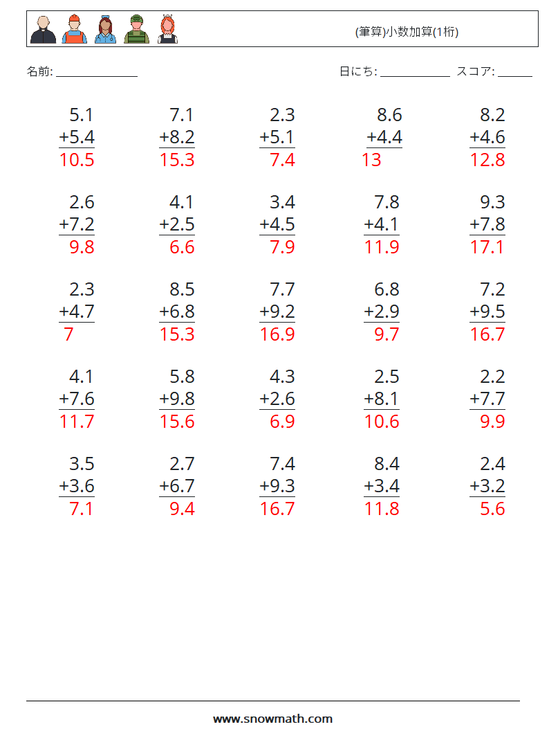 (25) (筆算)小数加算(1桁) 数学ワークシート 17 質問、回答