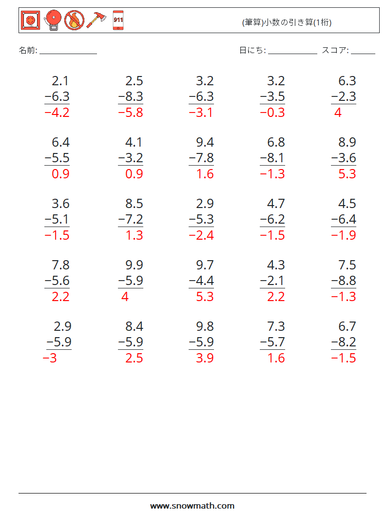 (25) (筆算)小数の引き算(1桁) 数学ワークシート 17 質問、回答