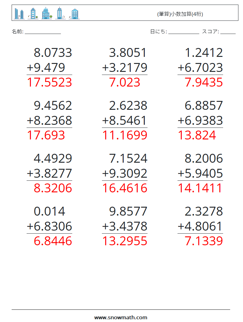 (12) (筆算)小数加算(4桁) 数学ワークシート 15 質問、回答