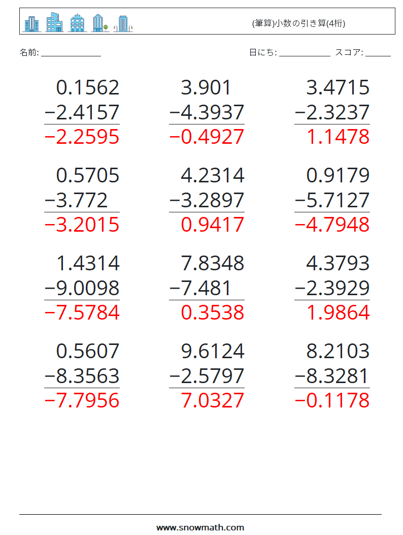 (12) (筆算)小数の引き算(4桁) 数学ワークシート 15 質問、回答