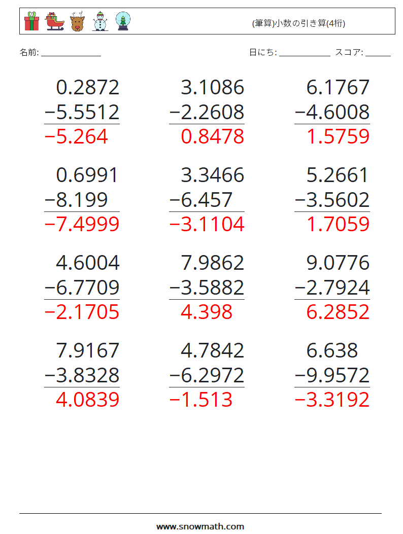 (12) (筆算)小数の引き算(4桁) 数学ワークシート 17 質問、回答