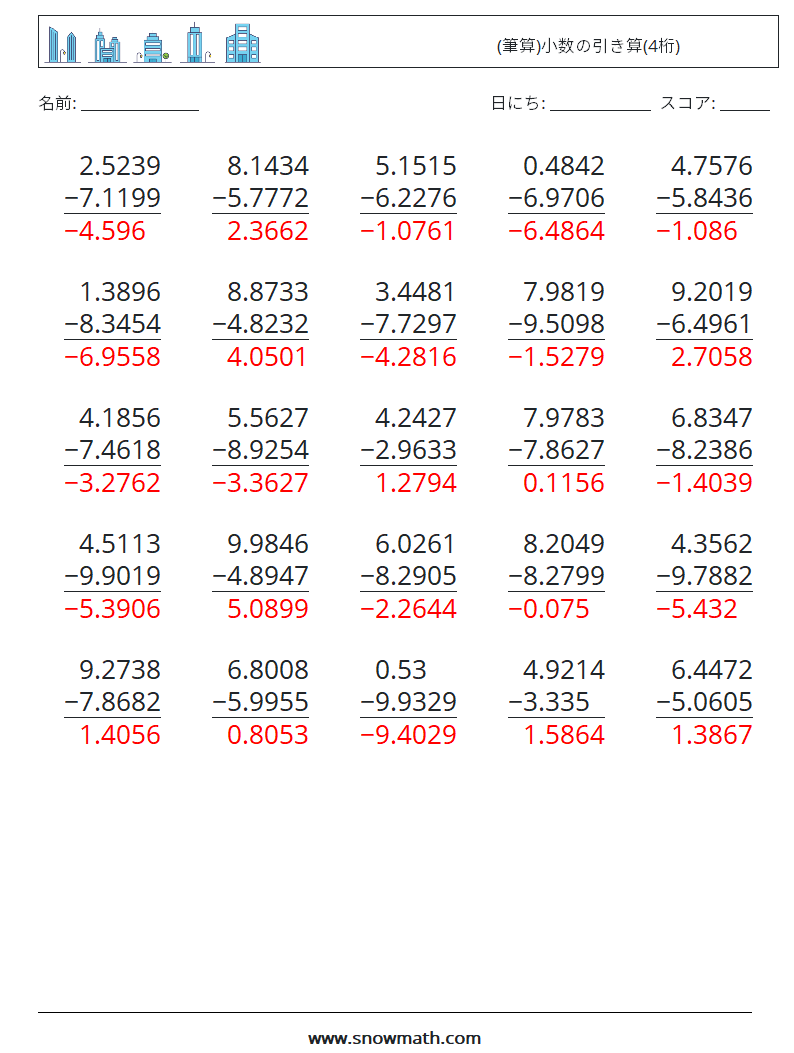 (25) (筆算)小数の引き算(4桁) 数学ワークシート 15 質問、回答
