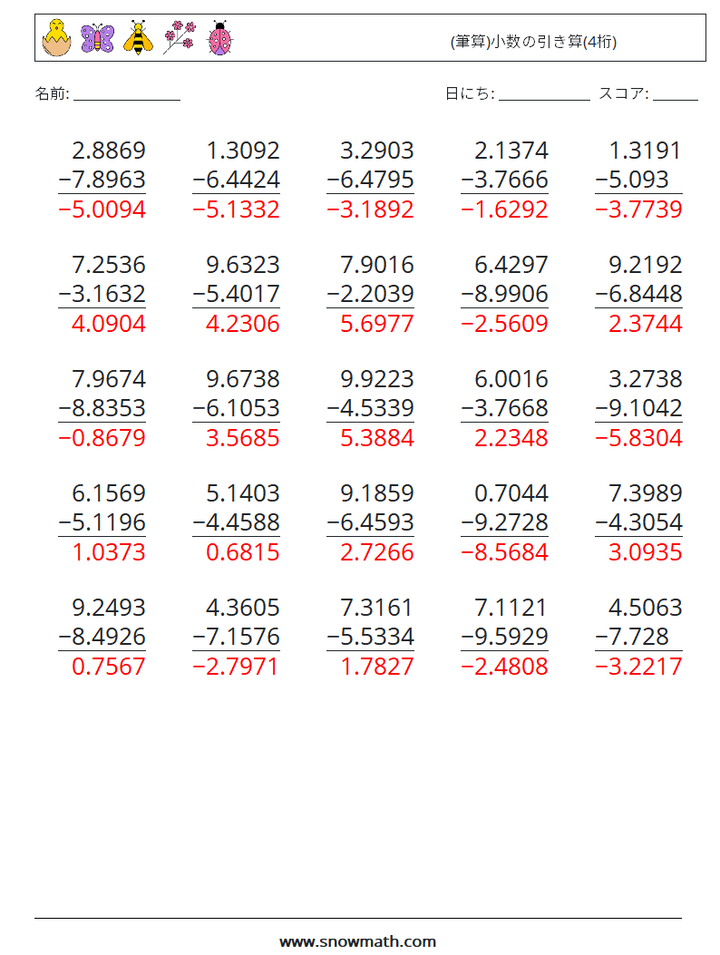 (25) (筆算)小数の引き算(4桁) 数学ワークシート 18 質問、回答