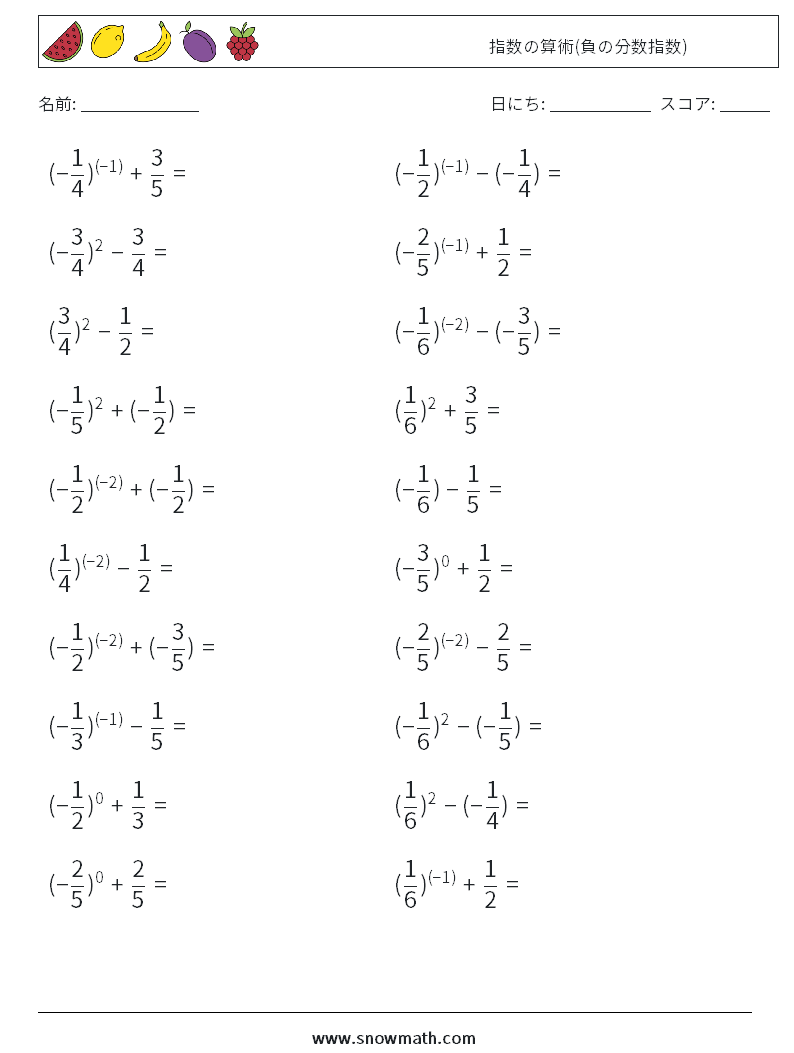  指数の算術(負の分数指数) 数学ワークシート 3