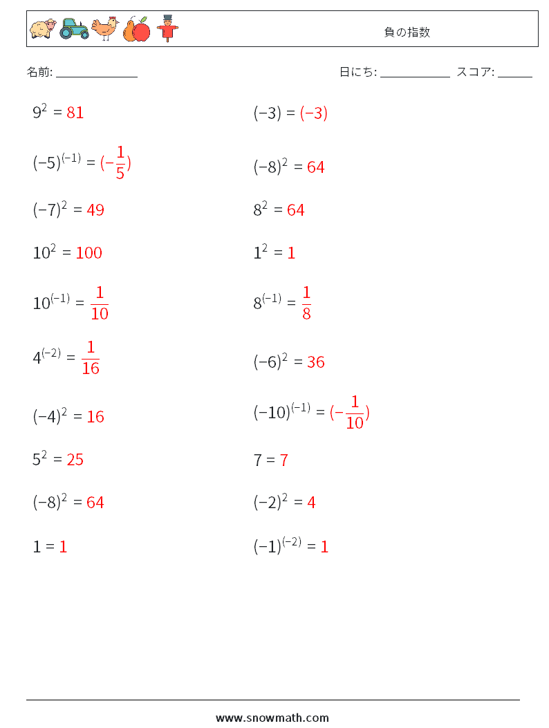  負の指数 数学ワークシート 5 質問、回答