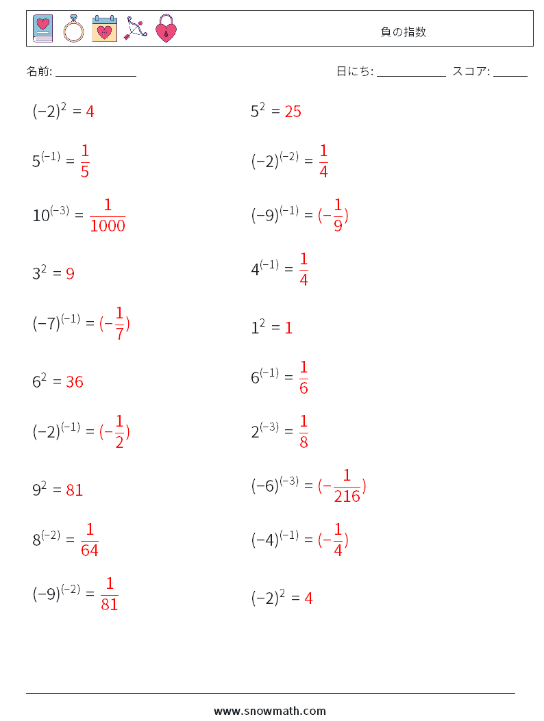  負の指数 数学ワークシート 9 質問、回答