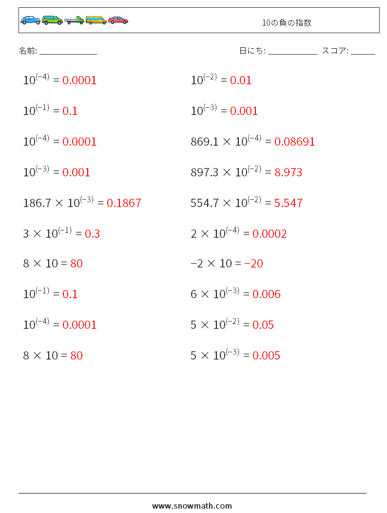 10の負の指数 数学ワークシート 4 質問、回答