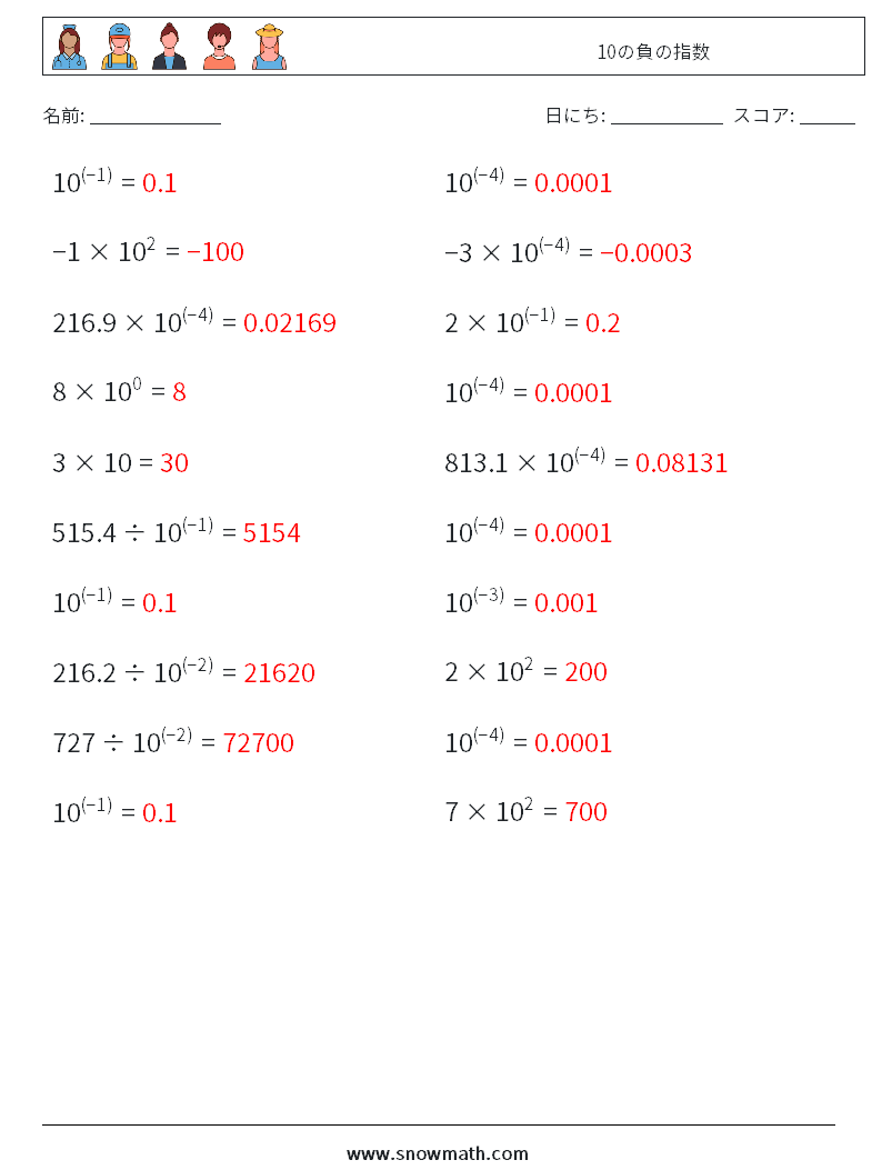 10の負の指数 数学ワークシート 7 質問、回答