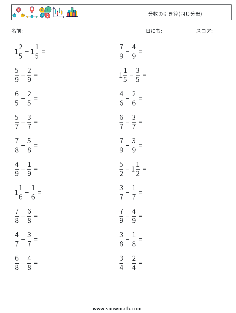 (20) 分数の引き算(同じ分母) 数学ワークシート 17