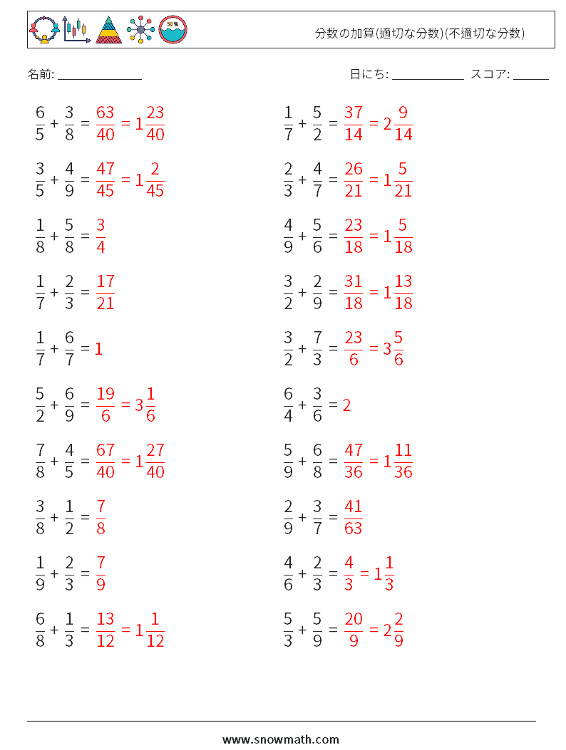 (20) 分数の加算(適切な分数)(不適切な分数) 数学ワークシート 14 質問、回答