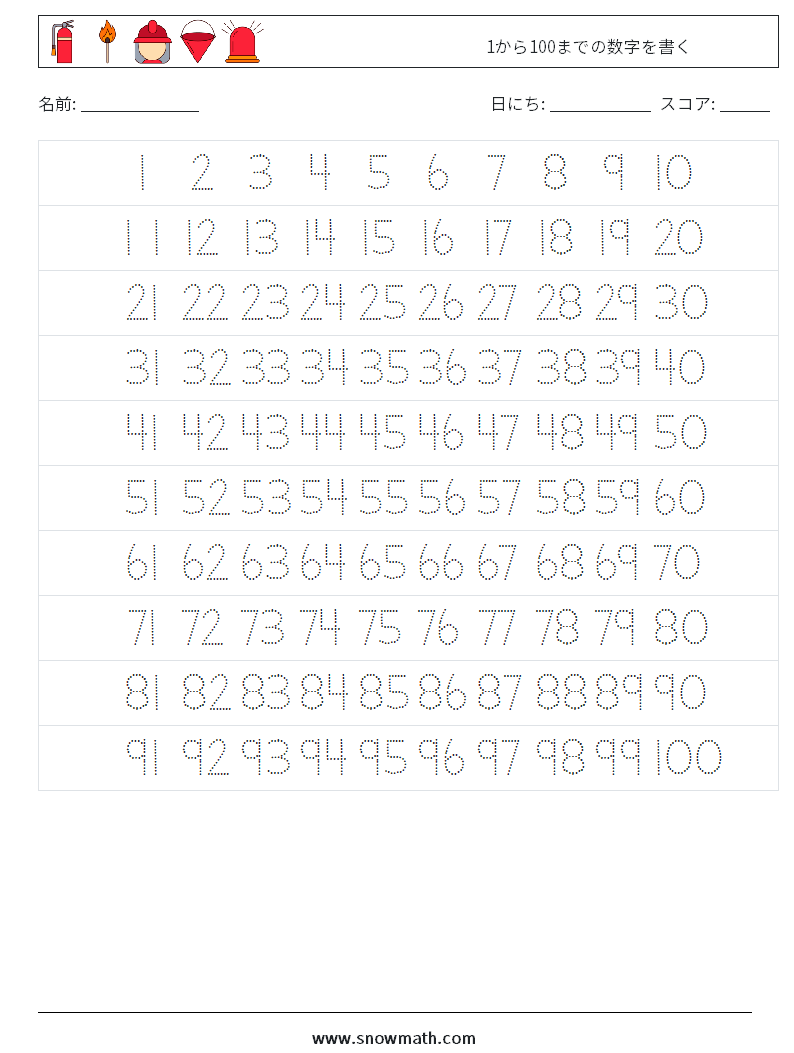 1から100までの数字を書く 数学のワークシート 子供のための数学の練習