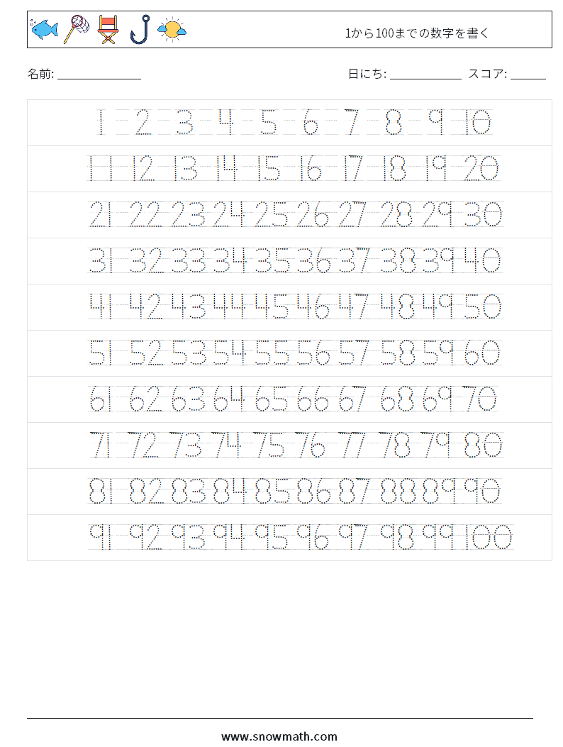 1から100までの数字を書く 数学のワークシート 子供のための数学の練習