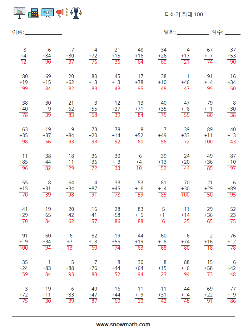 (100) 더하기 최대 100 수학 워크시트 16 질문, 답변