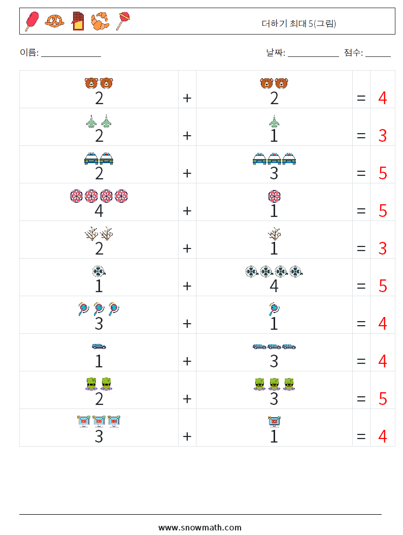더하기 최대 5(그림) 수학 워크시트 14 질문, 답변