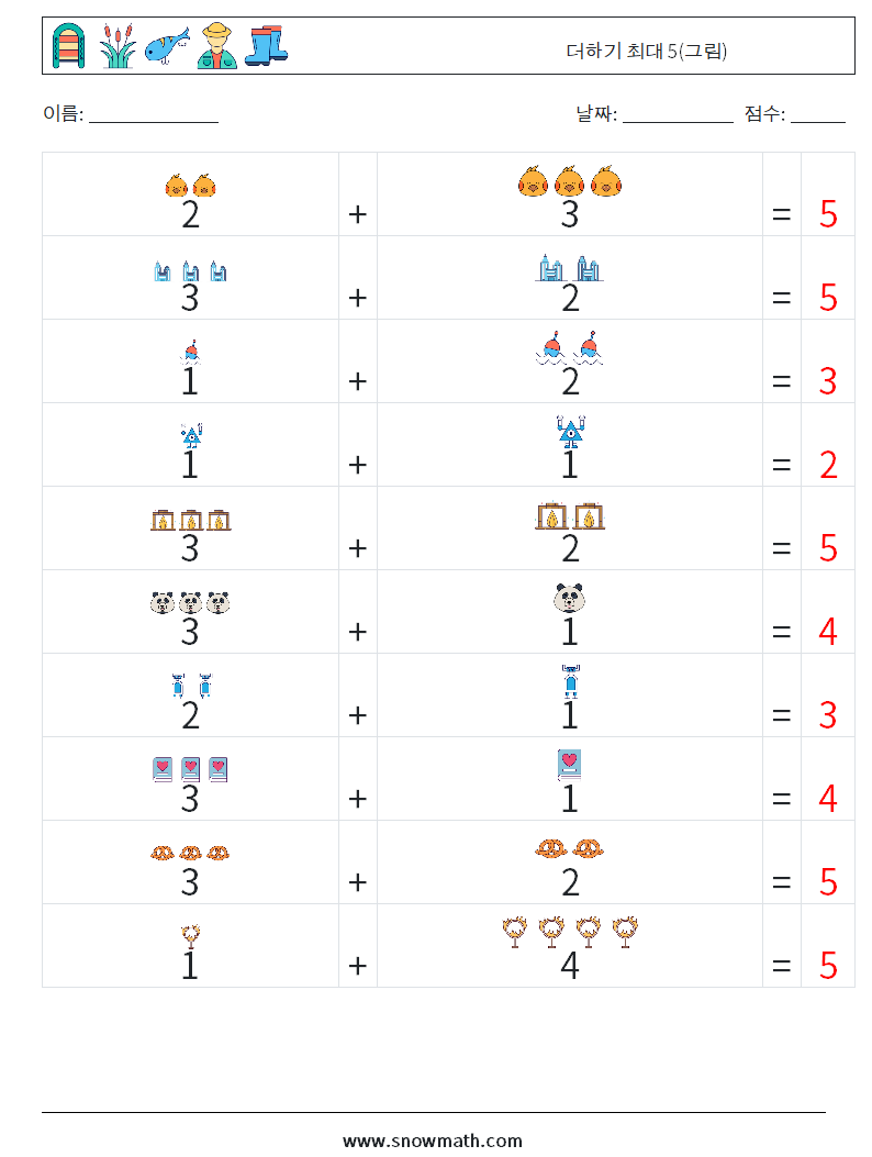 더하기 최대 5(그림) 수학 워크시트 17 질문, 답변