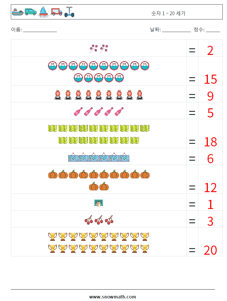 숫자 1 ~ 20 세기 수학 워크시트 10 질문, 답변