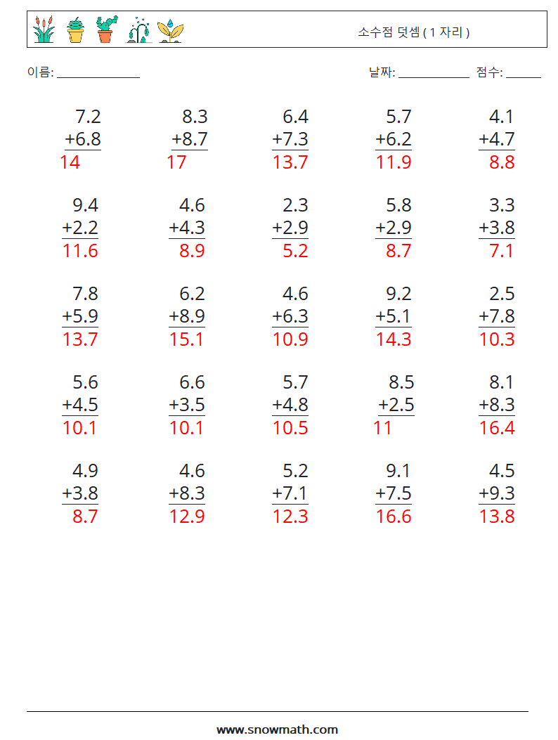 (25) 소수점 덧셈 ( 1 자리 ) 수학 워크시트 13 질문, 답변