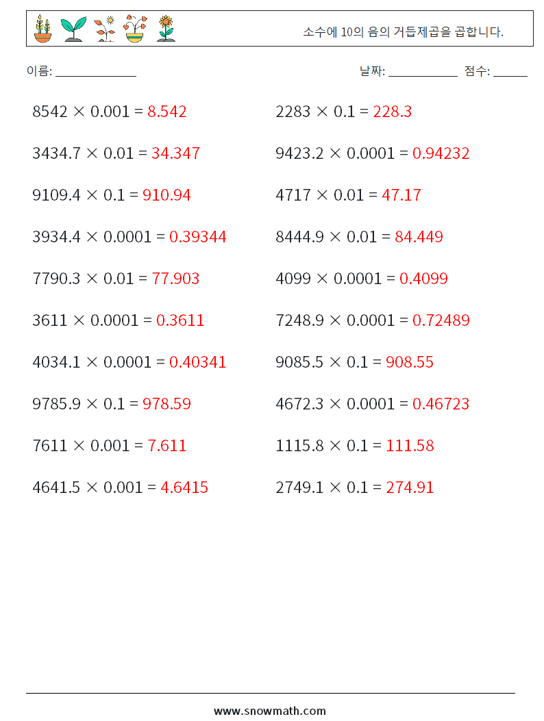 소수에 10의 음의 거듭제곱을 곱합니다. 수학 워크시트 12 질문, 답변