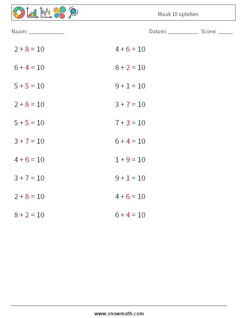 (20) Maak 10 optellen Wiskundige werkbladen 1 Vraag, Antwoord