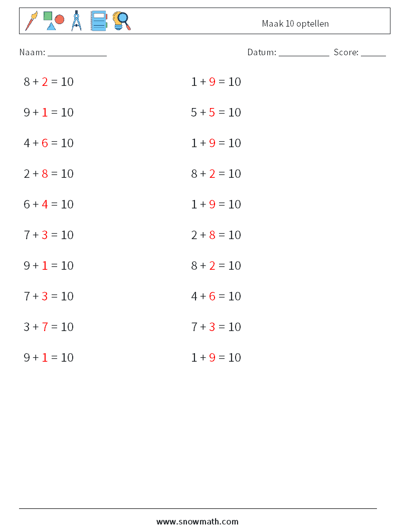 (20) Maak 10 optellen Wiskundige werkbladen 3 Vraag, Antwoord